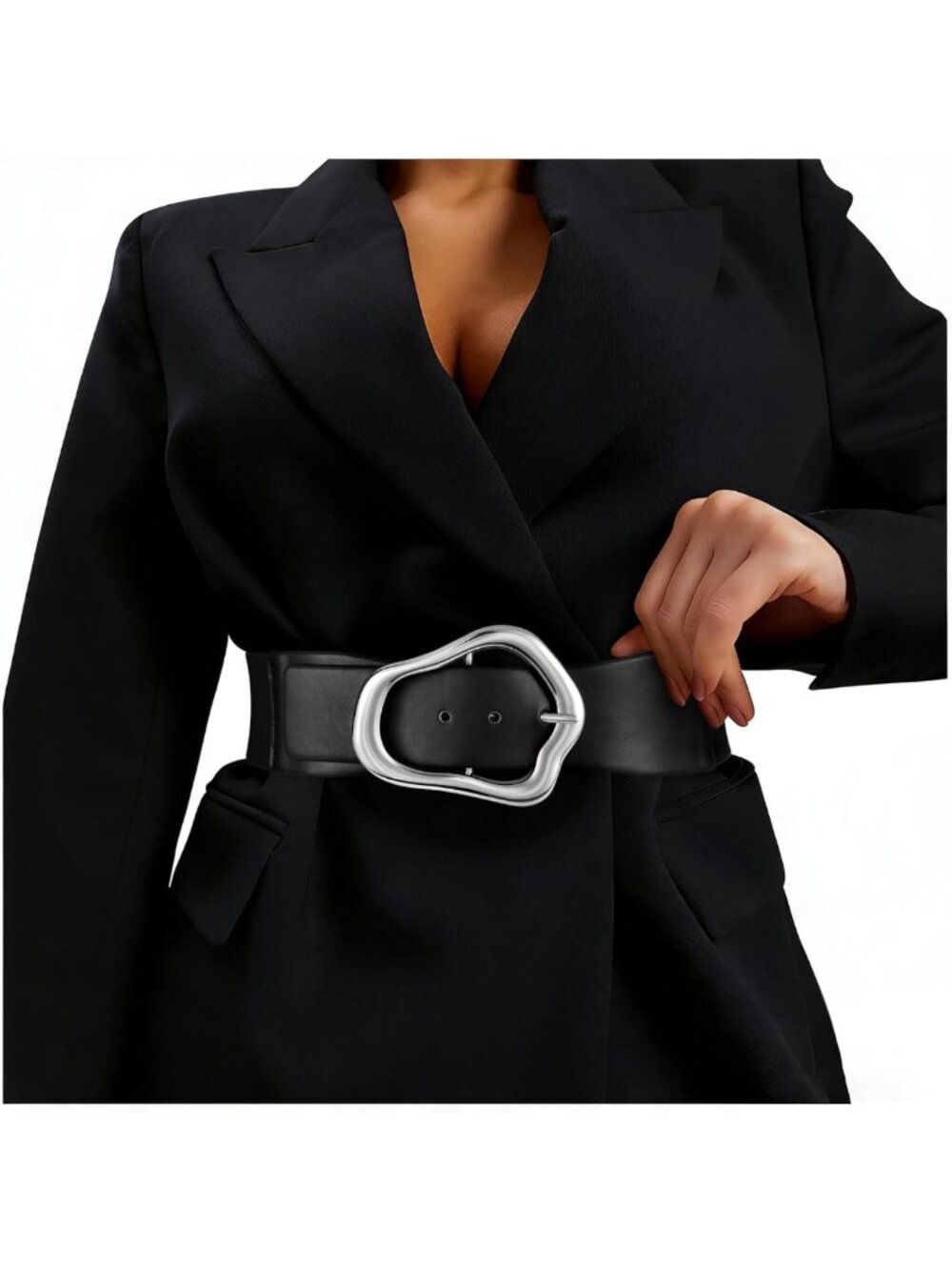 Stylish Wide Elastic Waist Belt for Dresses - Big Gold Buckle, Stretchy Leather